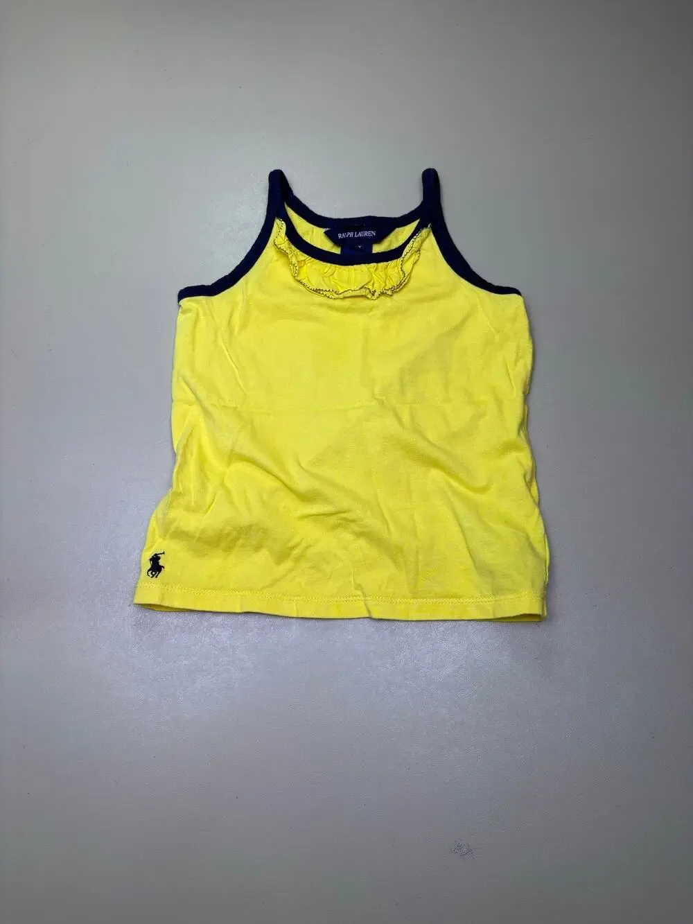 Ralph Lauren Girls Yellow Tank Top 3/3T Navy Trim Ruffle Pony Logo EUC
